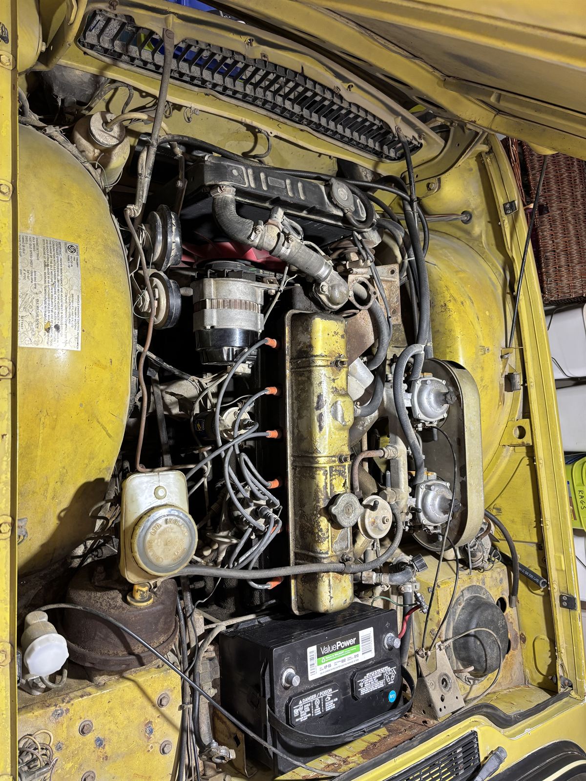 1974 Triumph TR6 engine compartment.