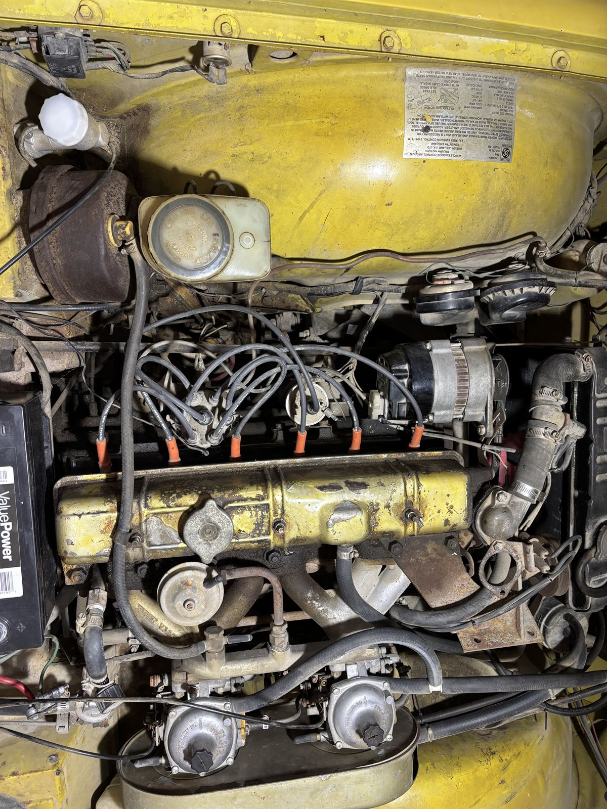 1974 Triumph TR6 engine compartment.