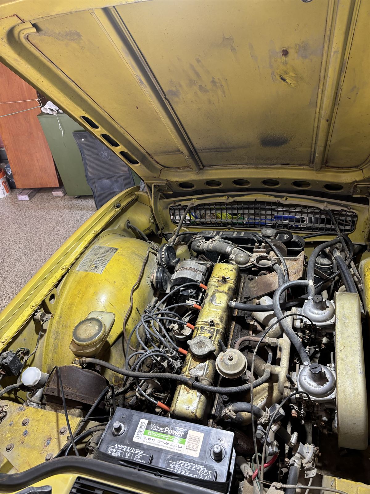 1974 Triumph TR6 engine compartment.